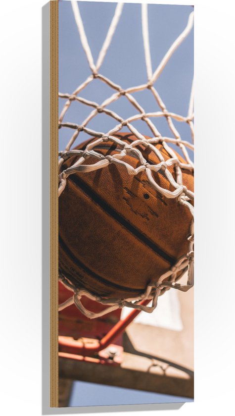 Hout - Basketbal in Basket - 30x90 cm - 9 mm dik - Foto op Hout (Met Ophangsysteem)