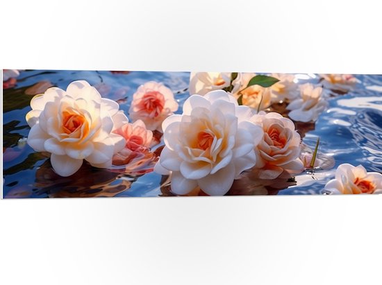 PVC Schuimplaat - Camellia Bloemen in het Water - 120x40 cm Foto op PVC Schuimplaat (Met Ophangsysteem)