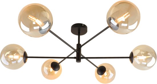 Olucia Remo - Moderne Plafondlamp - 6L - Aluminium/Glas - Amber;Zwart - Rond - 90 cm