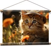 Textielposter - Dier - Kitten - Poes - Bloemen - Gras - 60x40 cm Foto op Textiel