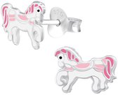 Joy|S - Zilveren paard oorbellen - 9 x 7 mm - roze witte pony oorknoppen voor kinderen