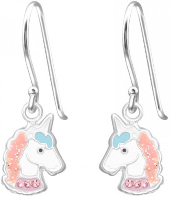 Joy|S - Zilveren eenhoorn oorbellen - unicorn oorhangers - pastel met roze kristal