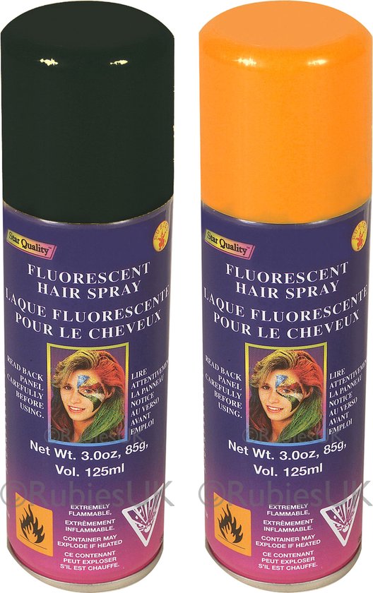 Twee spuitbussen fluorescerende haarspray: zwart en oranje. Met afbeelding van model met gezichtsverf.