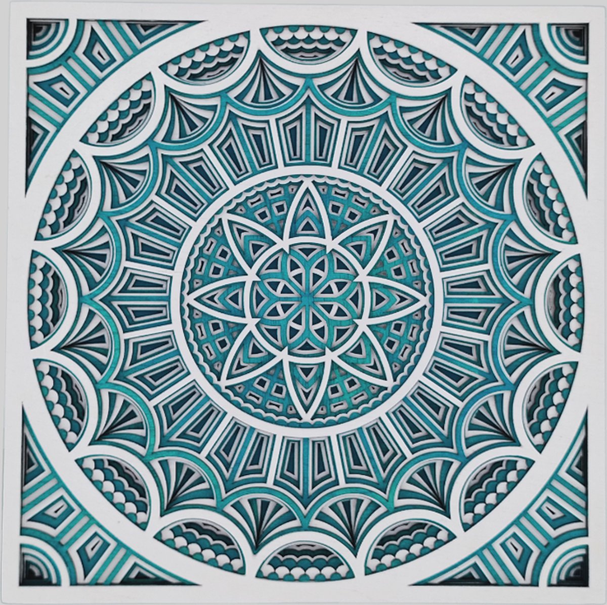 Handgemaakte duurzame 3D-gelaagd-vierkant rond Mandala-cyaan