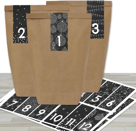Papierdrachen Adventskalender om te vullen, 24 blauwe en roze bedrukte cadeauzakjes en 24 stickers en klemmen, motief donkerblauw, om te knutselen en