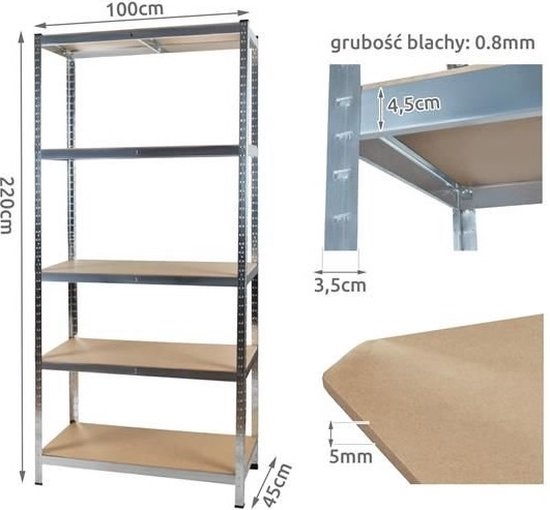 Opbergrek en stellingkast – metaal met MDF legplanken – 180x90x40 cm