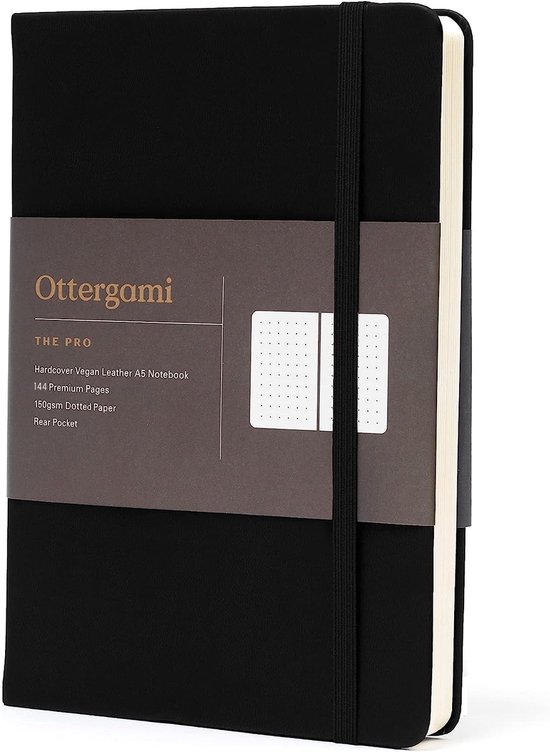 Ottergami Carnet A5 - Carnet Journal à Points - Papier Épais de Haute Qualité 150g/m² - 144 pages - Bullet Journal Zwart - Couverture Cuir Vegan Foncé