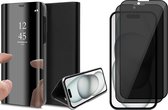 Hoesje geschikt voor iPhone 15 - 2x Privacy Screen Protector FullGuard - Book Case Spiegel Zwart & Screenprotector