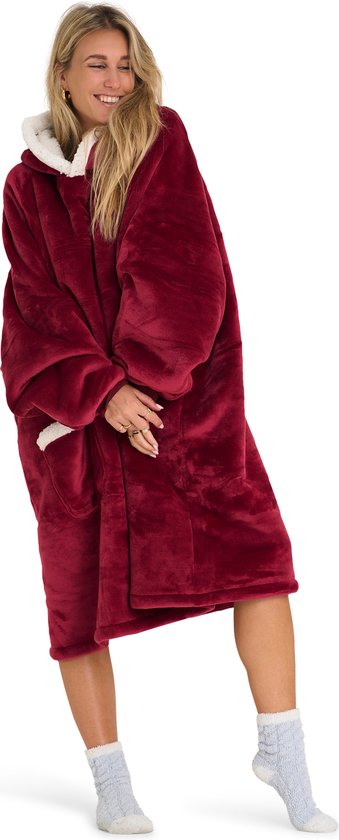GEASY Couverture à capuche – Couverture à capuche unisexe – Couverture polaire avec manches avec poches pratiques – Taille unique – Rouge Robijn avec Rebords Sherpa