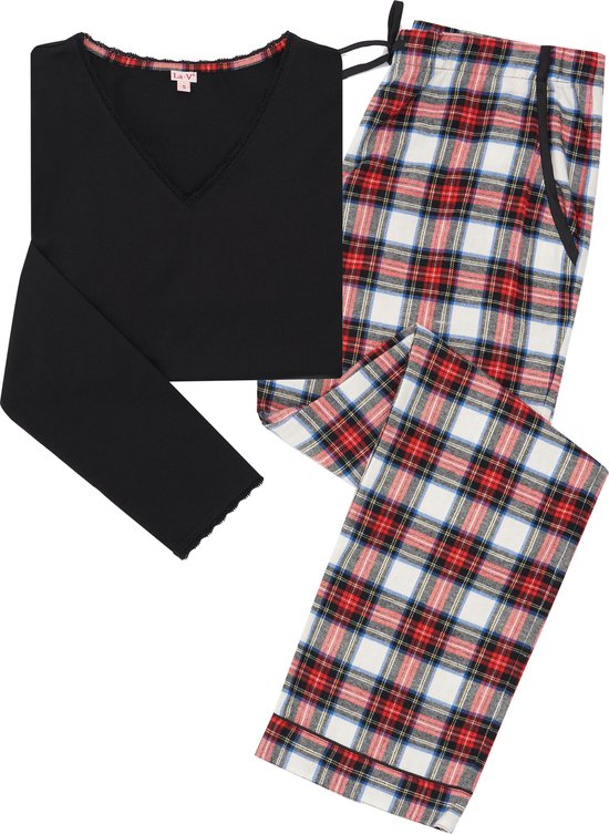La-V pyjamasets voor dames met geruite flanel broek en top met kant