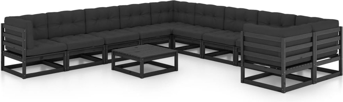 11-delige zwarte loungeset van massief grenenhout met kussens.