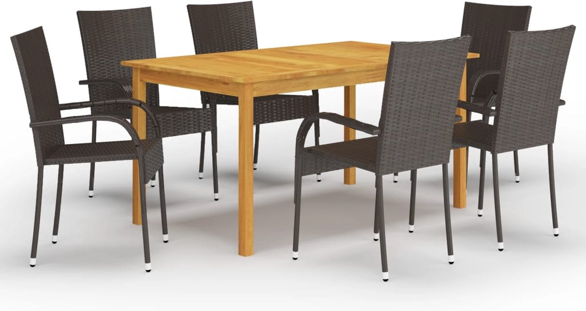 Tuinset van acaciahout in bruin, eettafel en stoelen voor buiten.