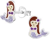 Joy|S - Zilveren zeemeermin oorbellen - paars met glitter - 8 x 9 mm - kinderoorbellen