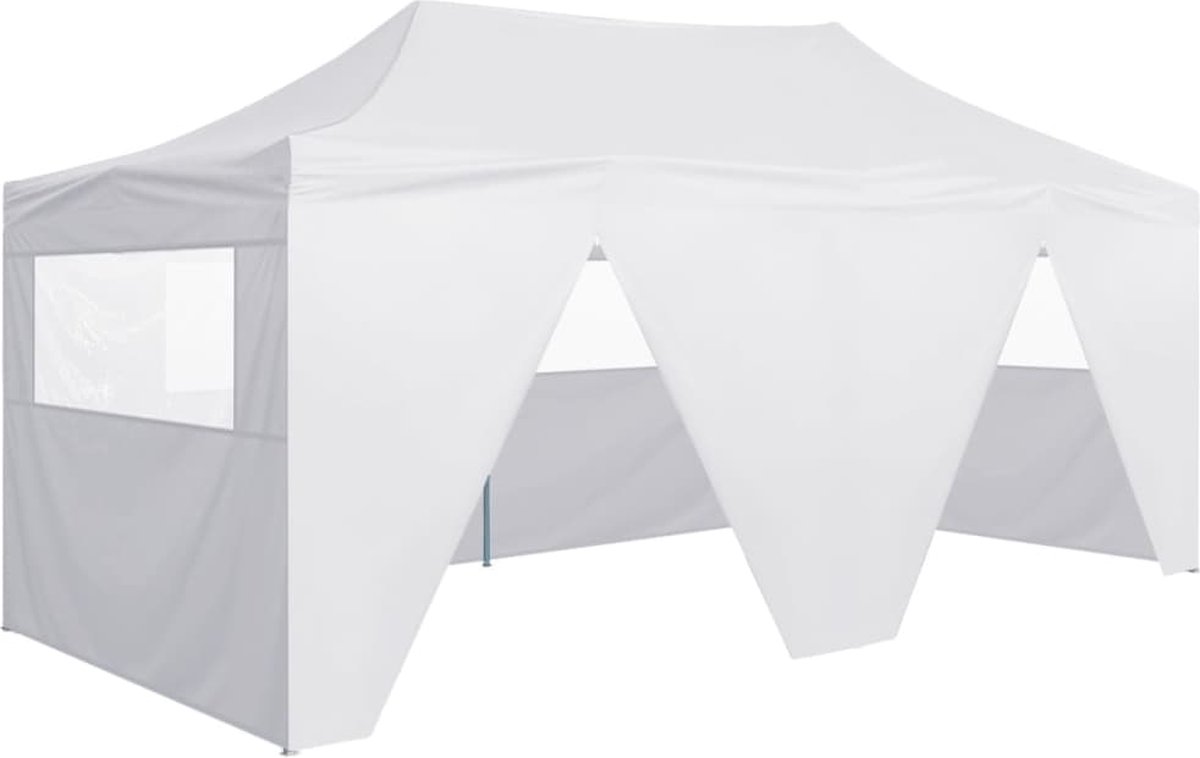 Inklapbare witte stalen partytent 3x6 m met 4 zijwanden voor tuinfeesten, outdoor evenementen en festivals.