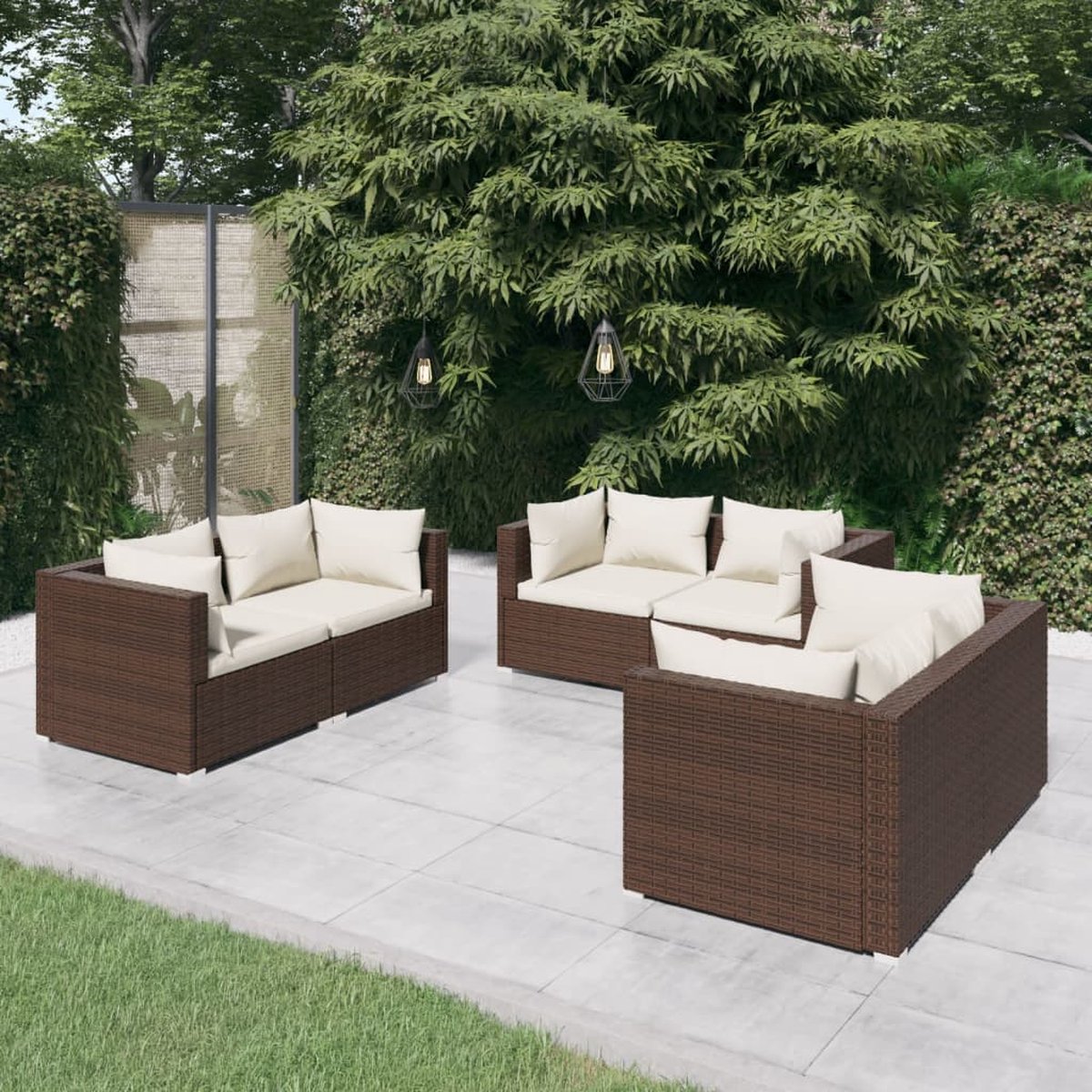 Bruine poly rattan loungeset met kussens voor buiten - Tuinmeubels.
