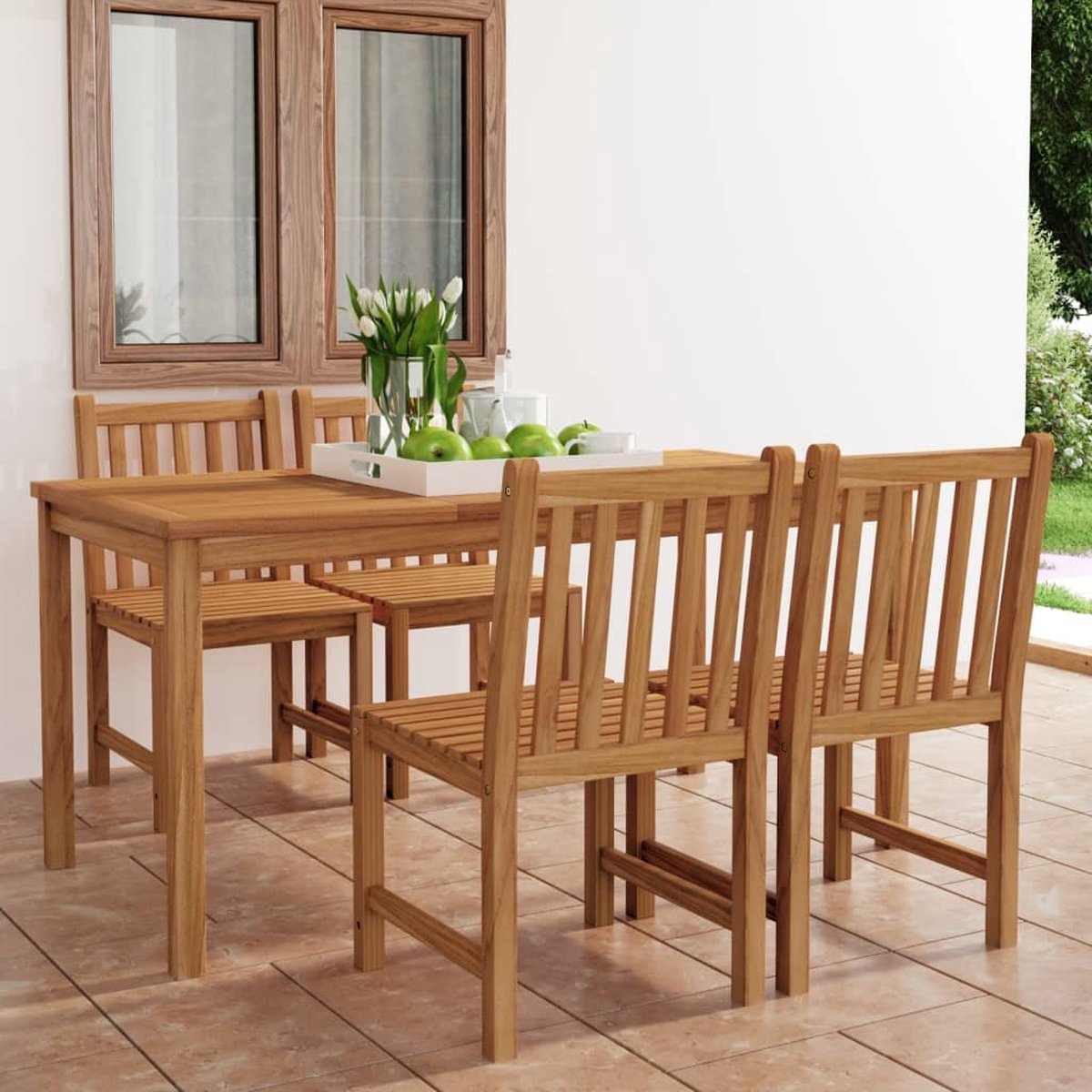 The Living Store 5-delige Tuinset massief teakhout - Eetkamerset - Teak Tafel - Teak Stoelen - Buitentijd - Tuinmeubilair
