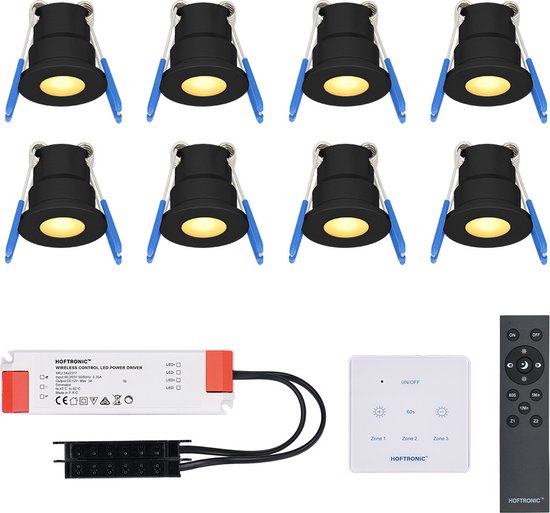 HOFTRONIC Milano - 8x3W Zwarte LED Inbouwspots - Traploos dimbaar met RF-afstandsbediening & Touchdimmer - Zwart - IP65 Waterdicht - 2700K Extra warm wit - CREE LEDs 12V - Verandaverlichting - Plafondspotjes badkamer