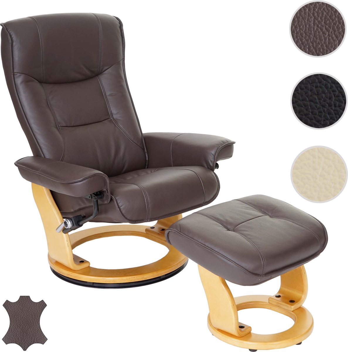 MCA relaxfauteuil Hamilton, TV fauteuil kruk, echt leer 130kg belastbaar ~ bruin, natuurlijk bruin