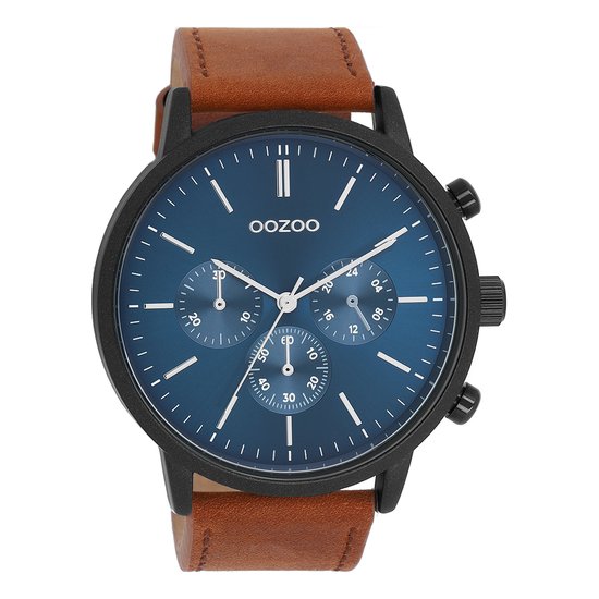 OOZOO Timepieces - Zwarte OOZOO horloge met bruine leren band - C11202