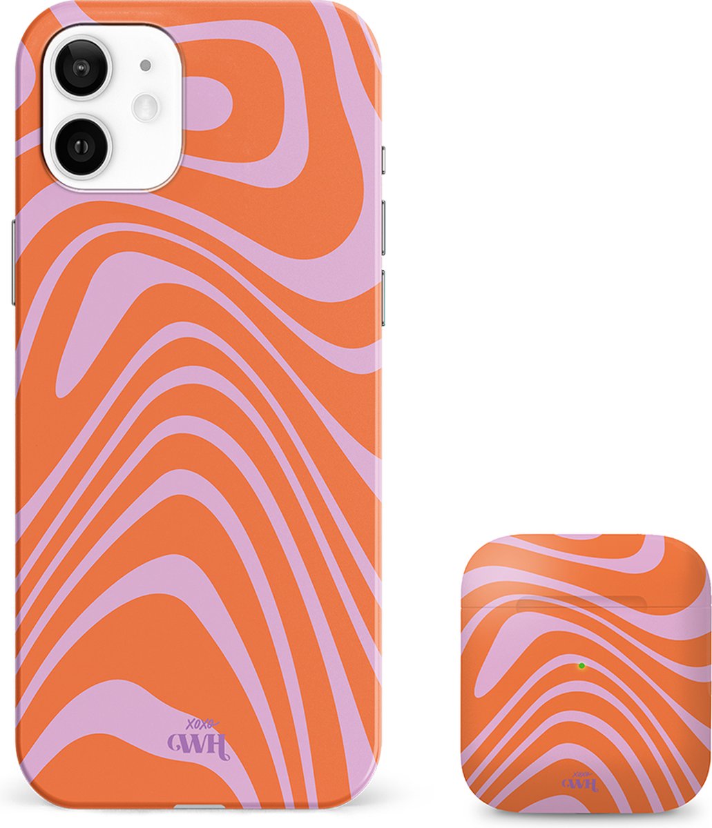 xoxo Wildhearts siliconen hoesje + AirPods 1/2 hoesje - Geschikt voor iPhone 12 en AirPods 1 en 2 - Boogie Wonderland Orange - Single layer telefoonhoesje - Oranje - Roze - Hoesje met print