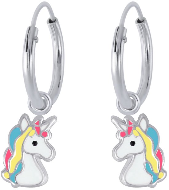 Joy|S - Zilveren eenhoorn bedel oorbellen - unicorn oorringen - multicolor