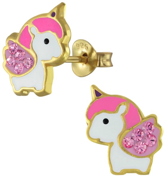 Joy|S - Zilveren baby eenhoorn oorbellen 8 x 10 mm unicorn kristal roze 14k goudplating