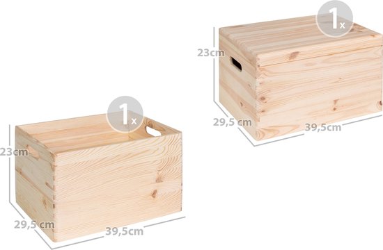 Haudt® Houten stapelkist set 46cm - 1 x KIM Maxi open en 1 x KIM Maxi met klepdeksel - stapelbare opbergoplossing - houten kisten - opbergkist - vurenhout