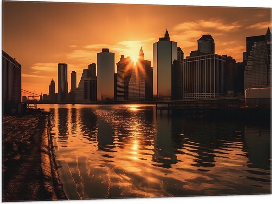 Vlag - Gebouwen - Water - Zon - Zonsondergang - Stad - 100x75 cm Foto op Polyester Vlag