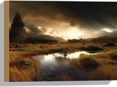Hout - Landschap - Gras - Bomen - Wolken - Water - 40x30 cm - 9 mm dik - Foto op Hout (Met Ophangsysteem)