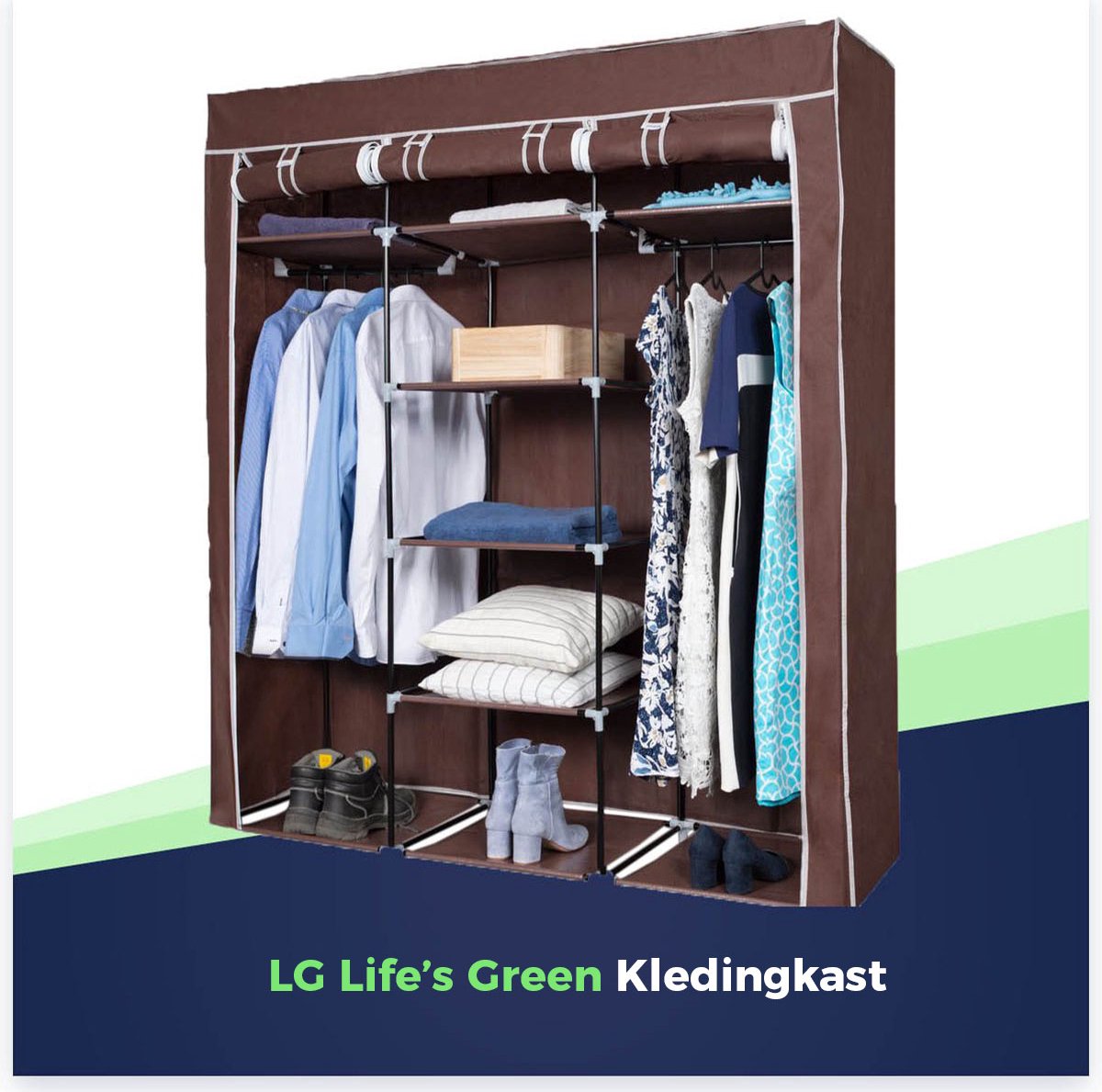 Life's Green Opvouwbare Kleerkast - 150 x 45 x 175 cm - Kledingrek met 9 opslag planken en 2 ophangstangen - Stoffen Kledingkast - 200 kg Draagvermogen - Bruin