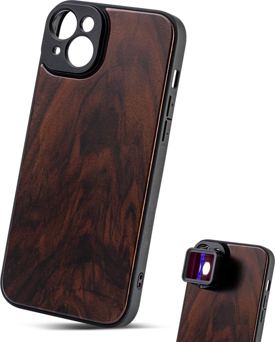 MOJOGEAR 17mm lens case voor iPhone 14 – Schroefdraad voor macrolens, telelens, anamorphic lens of DOF-adapter – Stevig hoesje – Echt Hout