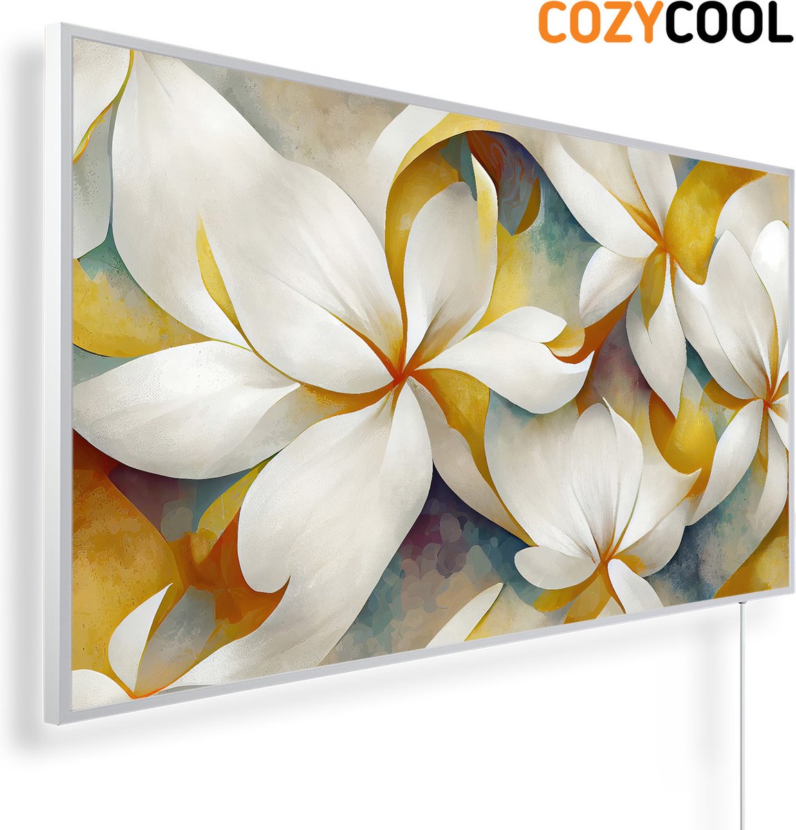 Infraroodpaneel met afbeelding | Mooie Frangipani bloemen achtergrond | 1200 Watt | Witte lijst | Infrarood verwarmingspaneel | Infrarood paneel | Infrarood verwarming