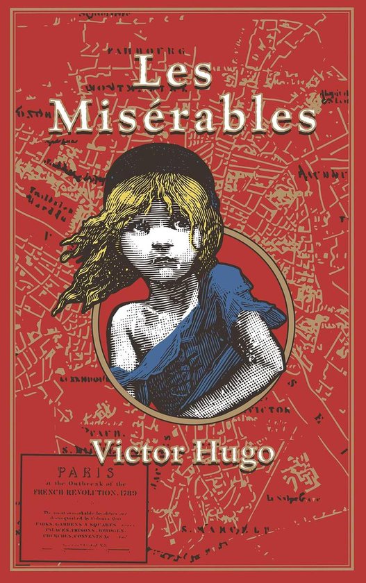 Boek 'Les Misérables' van Victor Hugo met een illustratie van een meisje op een kaart van Parijs.