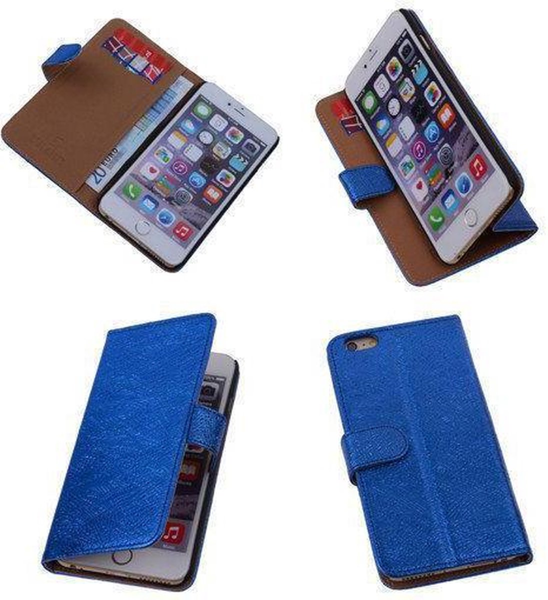Glamour Blue iPhone 6 Plus Echt Leer Hoesje Wallet Case