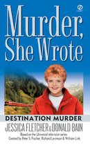 Boekcover van 'Murder, She Wrote: Destination Murder' met Jessica Fletcher, een rode trein en een berglandschap.