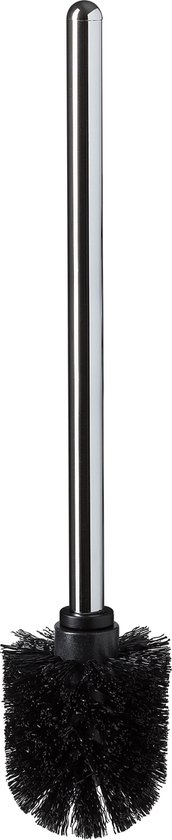 Zwarte toiletborstel met een ronde kop en een rechte, glanzende metalen steel.