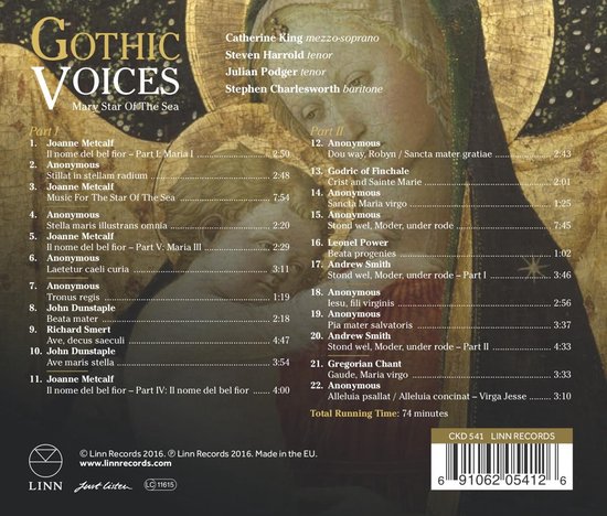 Hoes van de CD 'Gothic Voices - Mary Star Of The Sea' met een afbeelding van een schilderij met religieuze figuren en tekst over de inhoud van de CD.