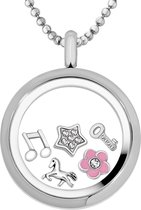 Quiges Memory Medaillon RVS 30mm met Ketting 90cm en 5 Floating Charms - CLS003