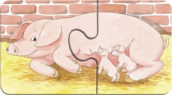 Een grote roze varken met twee biggetjes in de stal op stro.