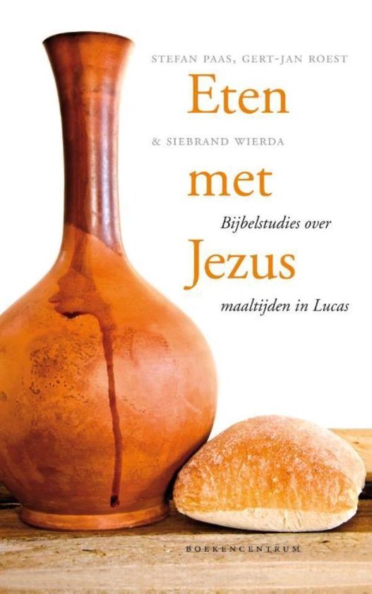 Boekomslag 'Eten met Jezus' met een bruine kan en een broodje op een houten ondergrond.