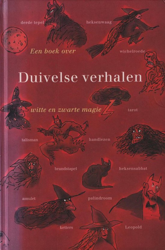 Boekomslag met illustraties van duivels, heksen en magische symbolen, met de titel 'Duivelse verhalen' in grote letters.