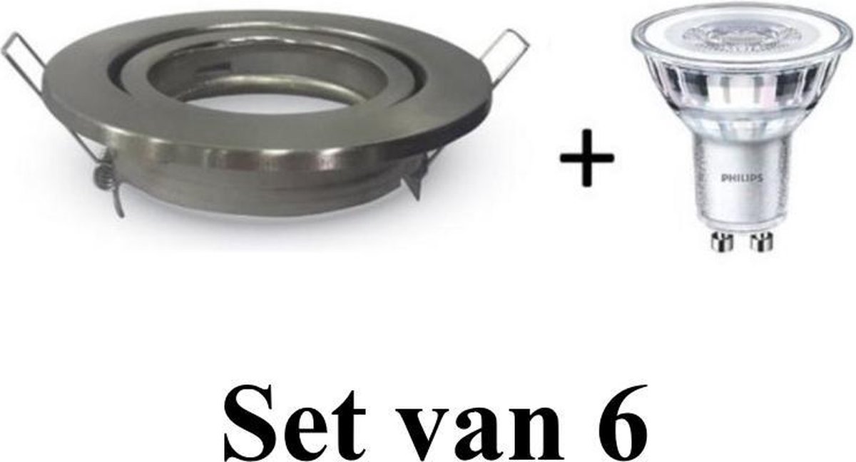 Dimbare Philips GU10 Inbouwspot | 5.5W Extra warm wit | Zilver mat rond| Set van 6 stuks