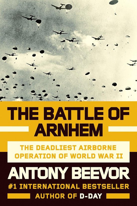 Boekcover met parachutisten en vliegtuigen. De titel is 'The Battle of Arnhem'.