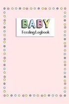 Roze kaft met een rand van gekleurde stippen en 'BABY Feeding Logbook' in kleurrijke letters.