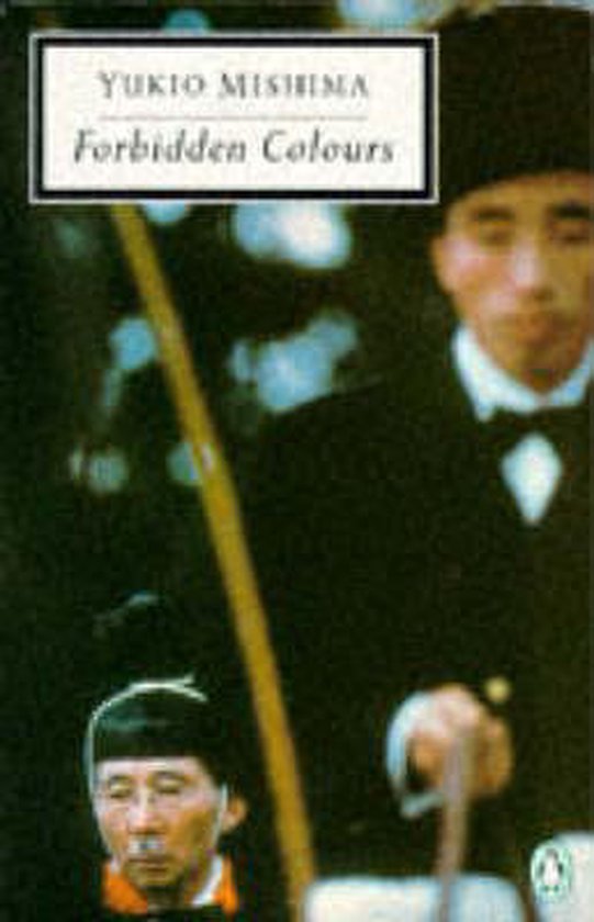 Boekomslag van 'Forbidden Colours' door Yukio Mishima, met een man in traditionele kleding.