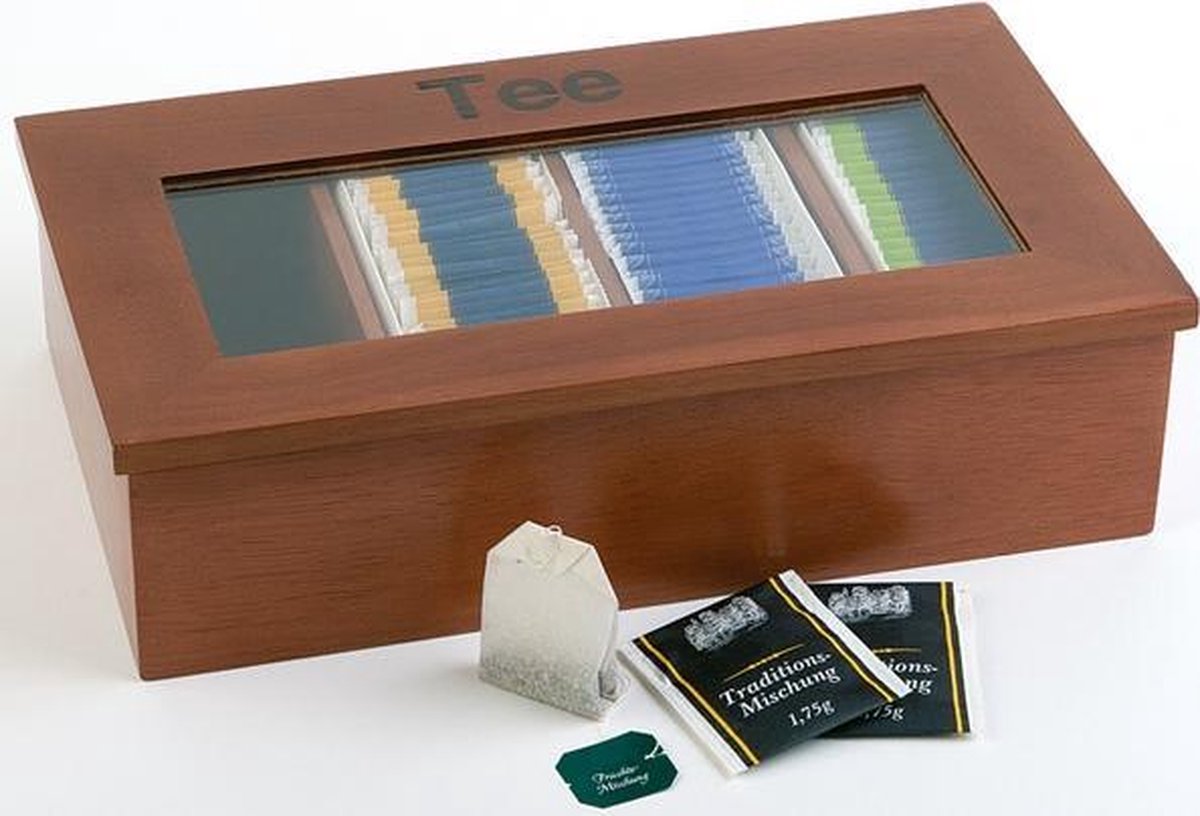 Theebox met opschrift - donker houten kleur