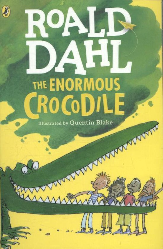 Omslag van 'The Enormous Crocodile' door Roald Dahl. Een grote groene krokodil met open bek en vier kinderen op een gele achtergrond.