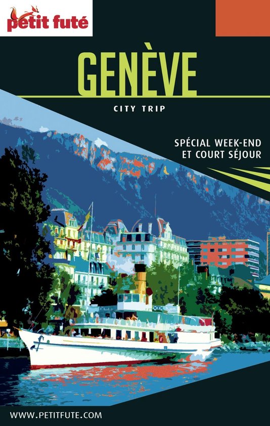 Affiche de voyage pour un city trip à Genève avec un bateau sur le lac et des montagnes en arrière-plan.