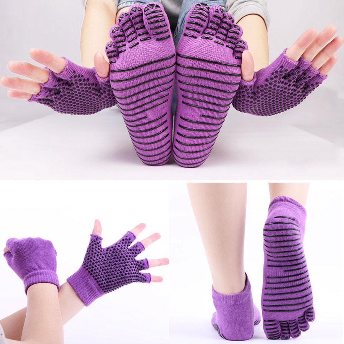 Yoga sokken en handschoenen - Paars - Sportsokken antislip - One size
