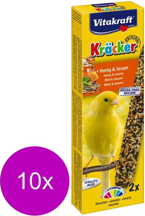 Gele kanarie op tak voor Vitakraft Kracker honing & sesam, 10 stuks, suikervrij recept.